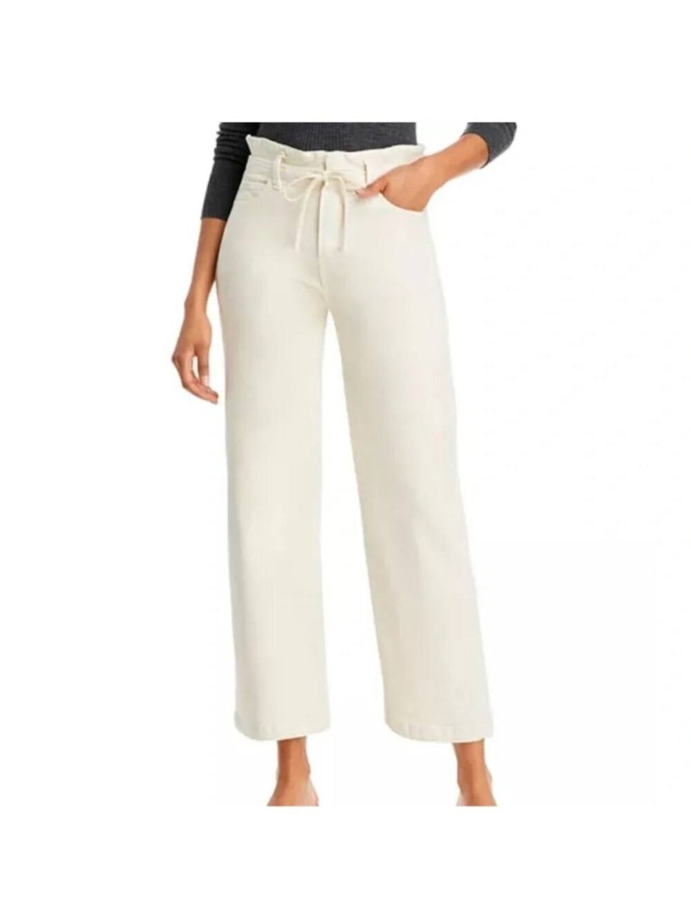 Paige Carly Wide-Leg Jeans w/ Waistband Tie Ivory Size 26 - Picture 2 of 11